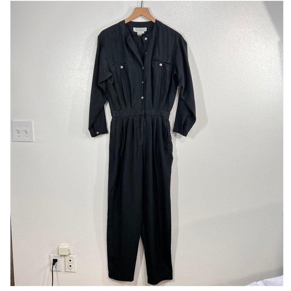 Vtg 80s Saks Fifth Avenue Silk Jumpsuit Women's S Small Black Safari Romper Pant